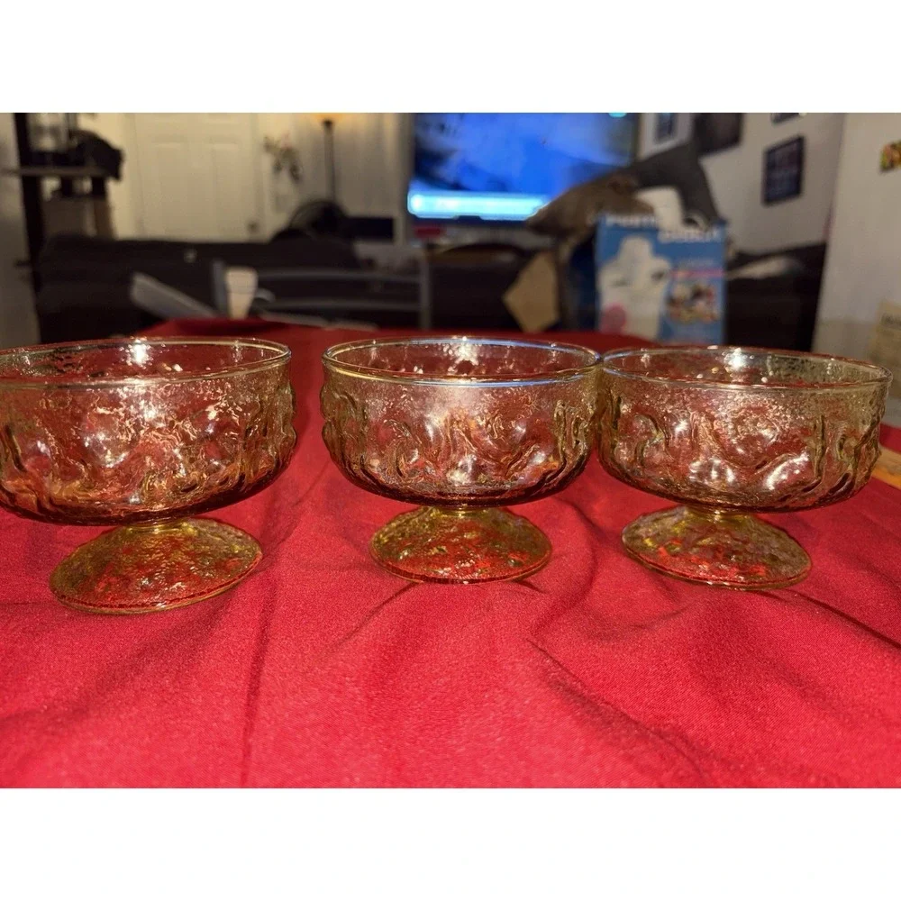 Vintage Amber Glass Dessert Bowls Sherbet Cups Set of 3 Indiana Milano Textured